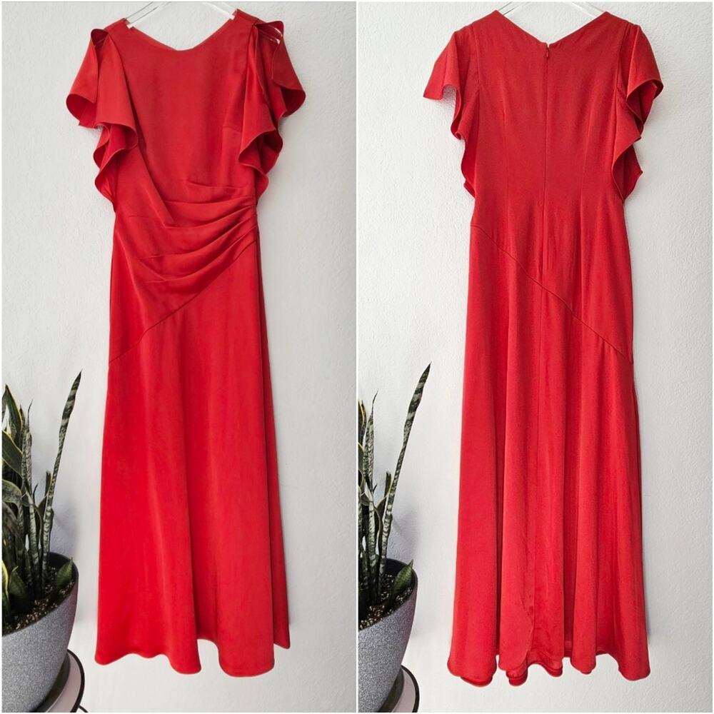 Theia Red Asymmetric Ruched Flutter Sleeve Gown S… - image 2